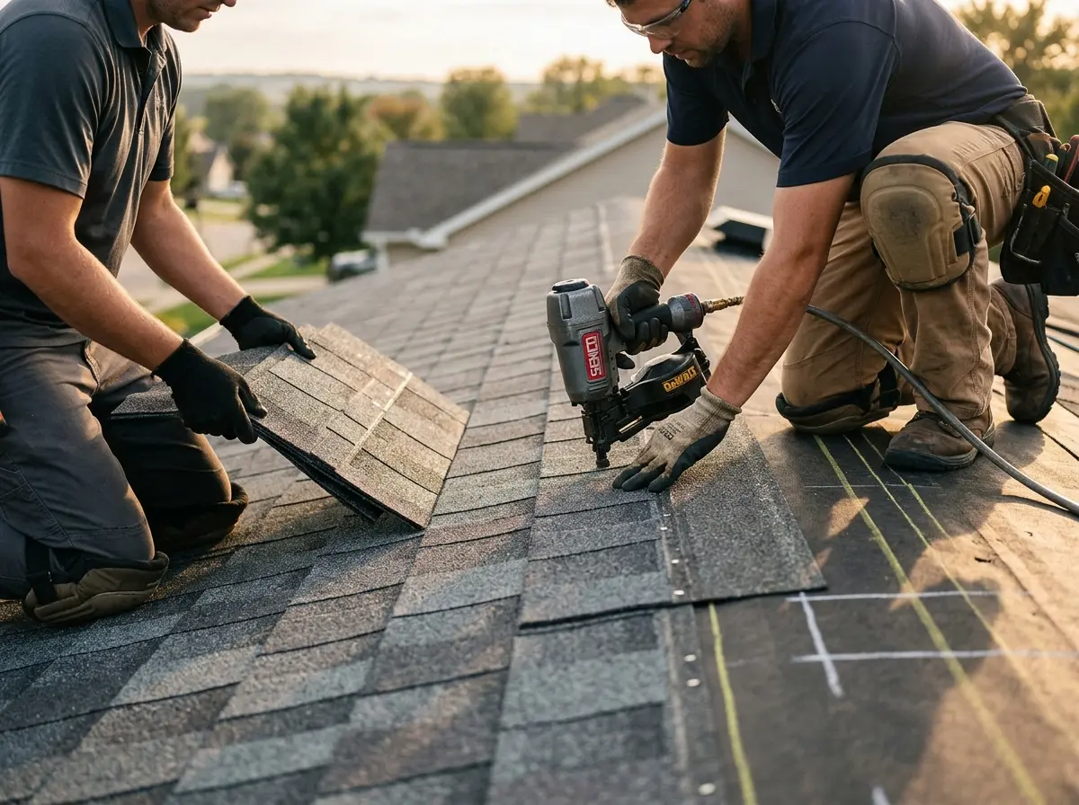 Professional roofer working on a residential roof in Elwood